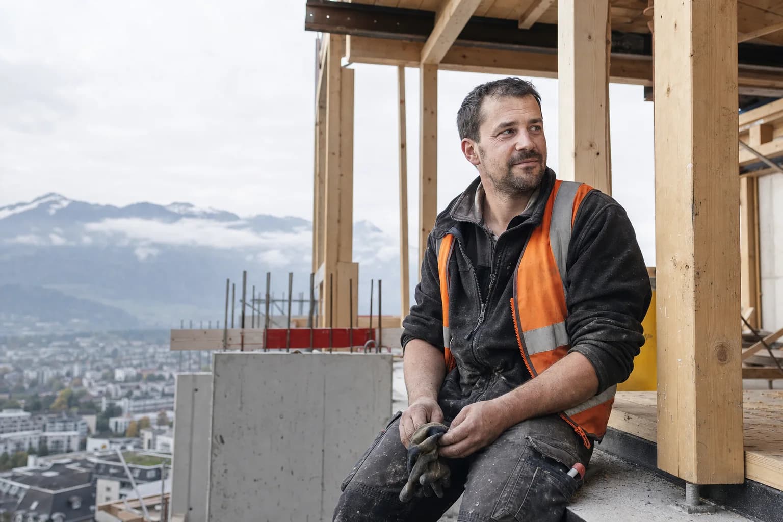 Construction worker on a Swiss timber-frame site